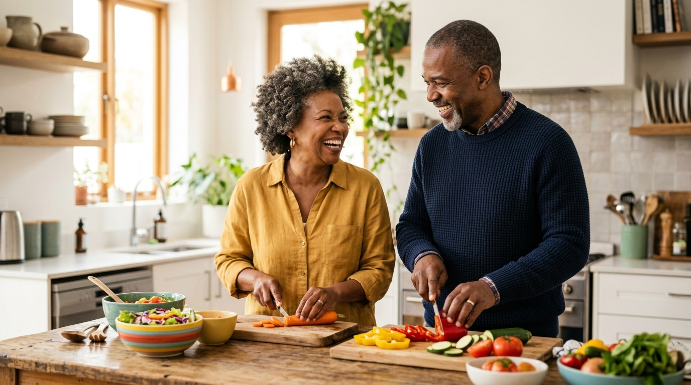 A retired couple cooking together in their kitchen