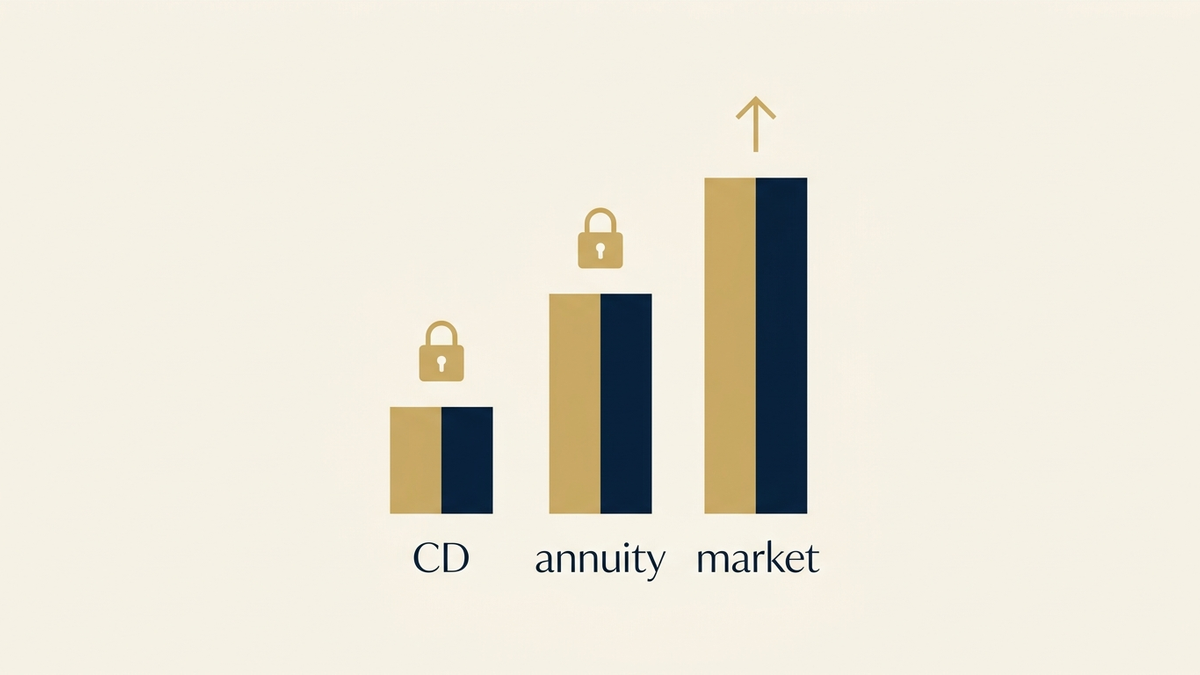 Three bars comparing CD, annuity, and market by growth potential, with protection shown on the CD and annuity