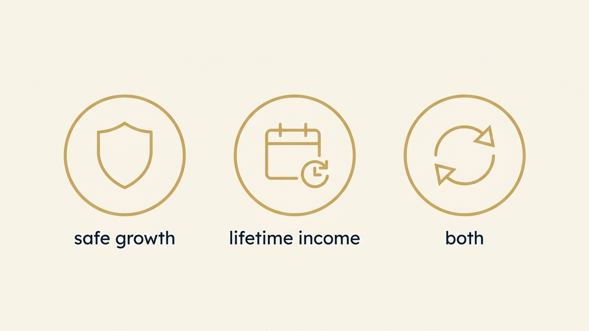 Three icons showing the jobs an annuity can do: safe growth, lifetime income, or both
